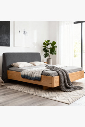 Eichenholz Doppelbett 180x200 mit gepolstertem dunkelgrauem